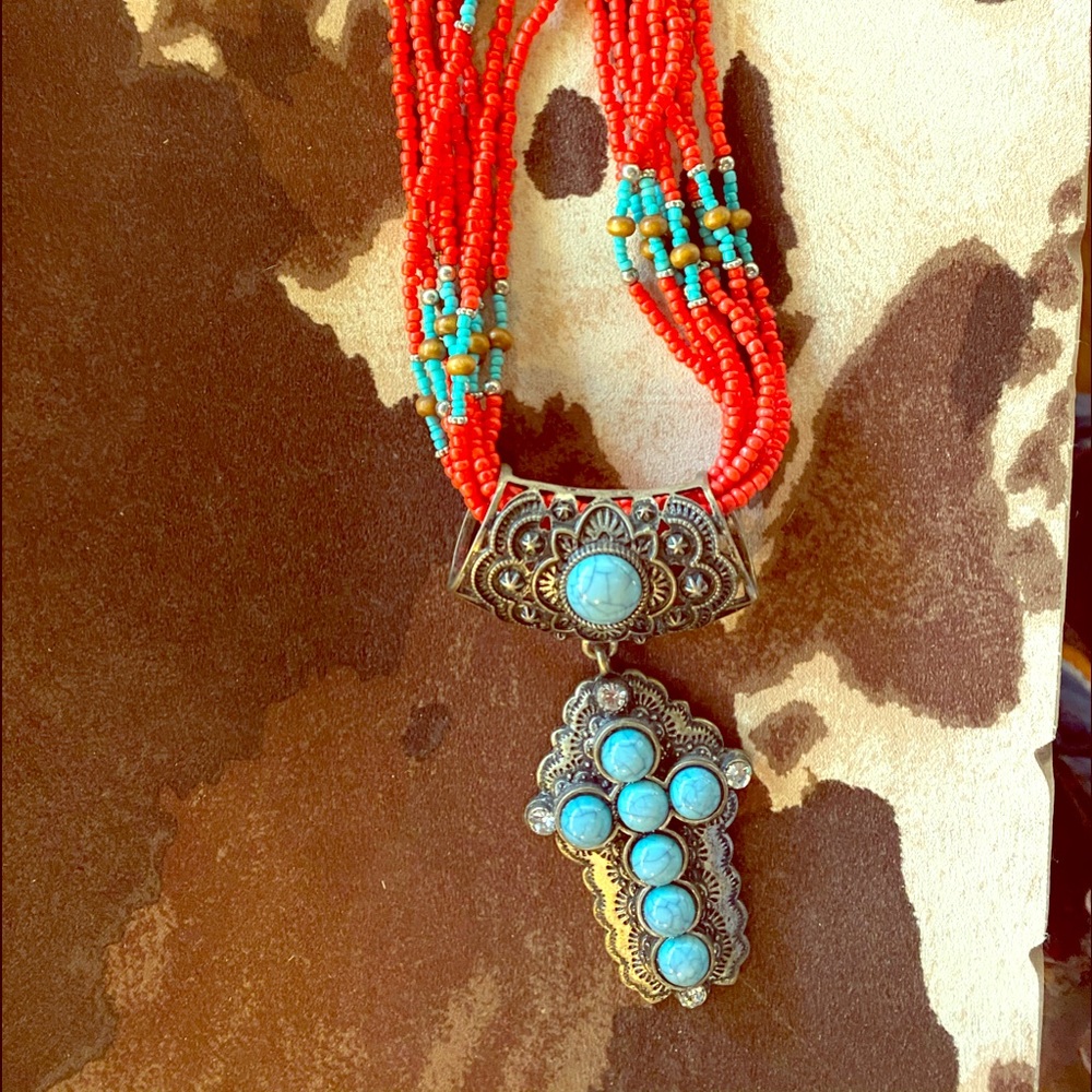 Turquoise and Red Stone Cross Necklace